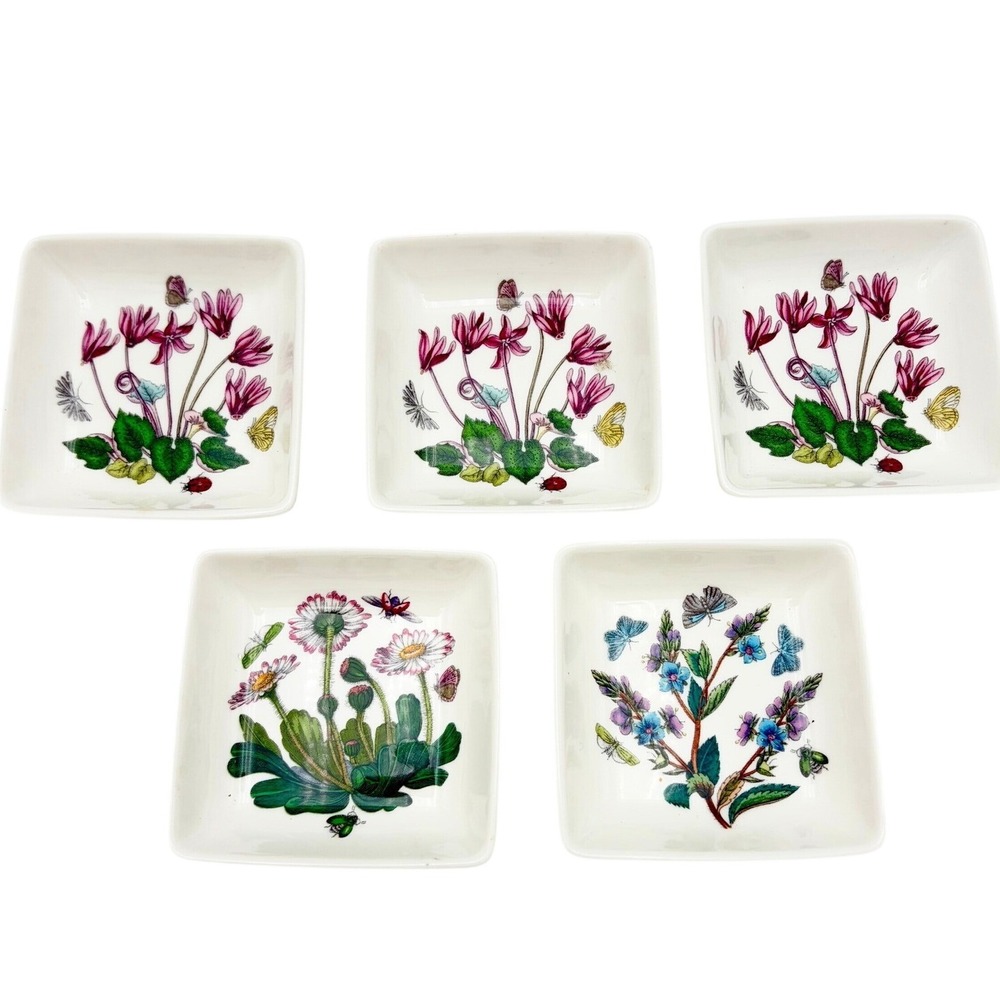Portmeirion Botanic Garden 3" Square Mini Dishes Set of 5 Floral Ceramic Bowls